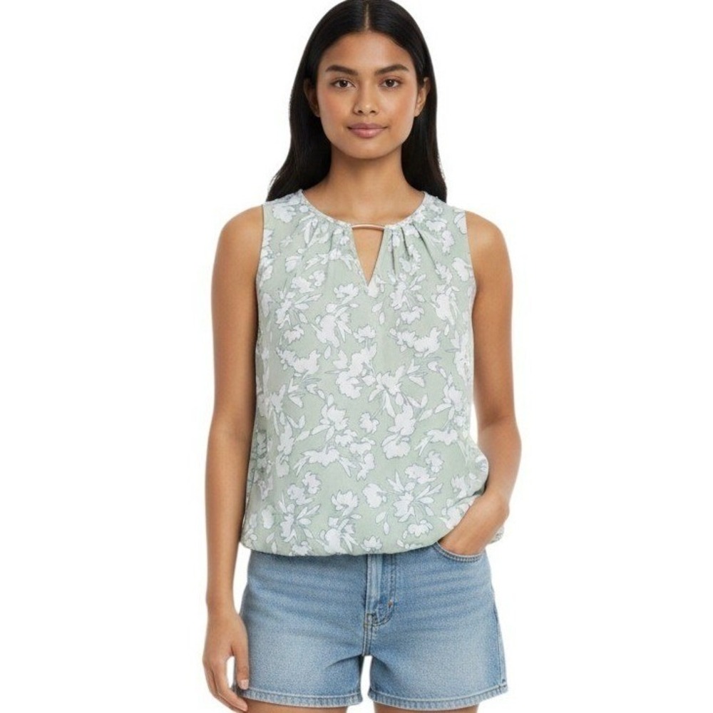 Liz Claiborne Seagreen Floral Sleeveless Bubble Hem Blouse Top Medium NEW